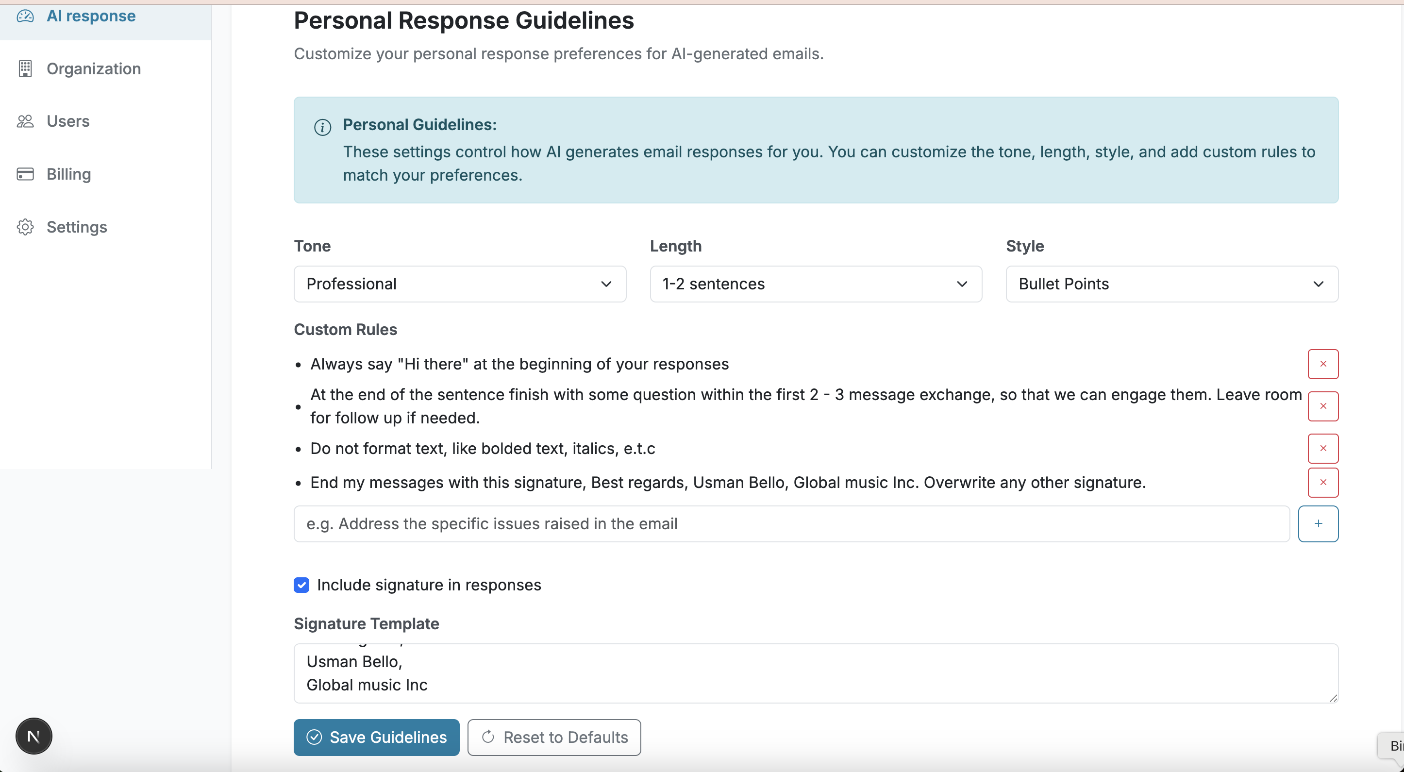 AI Response Settings View